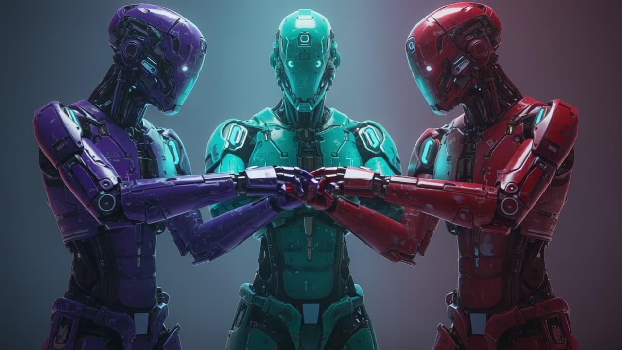 Futuristic Robots Engaging in a Unique Connection, Showcasing Colorful Designs and Advanced Technology in a Dynamic and Modern Setting