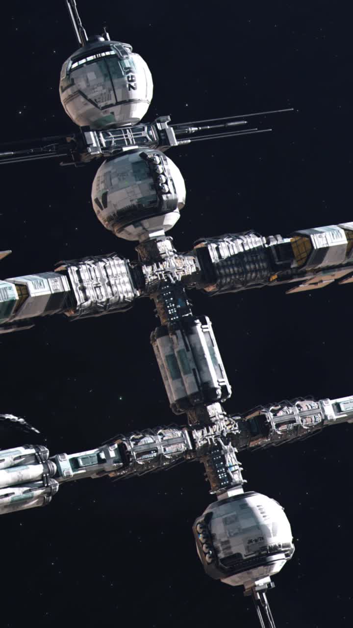 Vertical Medium Shot of a Futuristic Space Station Against the Blackness of Space