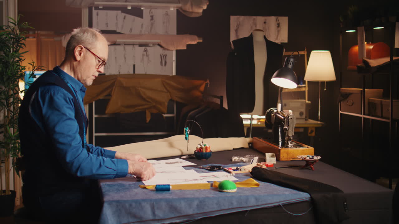 직업적 인 맞춤사 가 직물 을 보고 있다