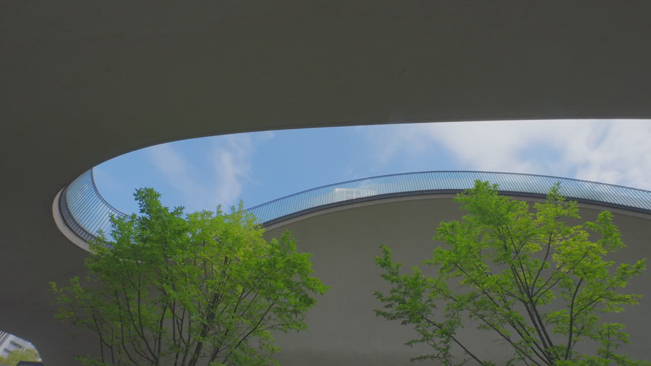 A low-angle shot of lush green trees set against a blue sky, framed by the smooth, curved, modern architecture of a building's canopy
