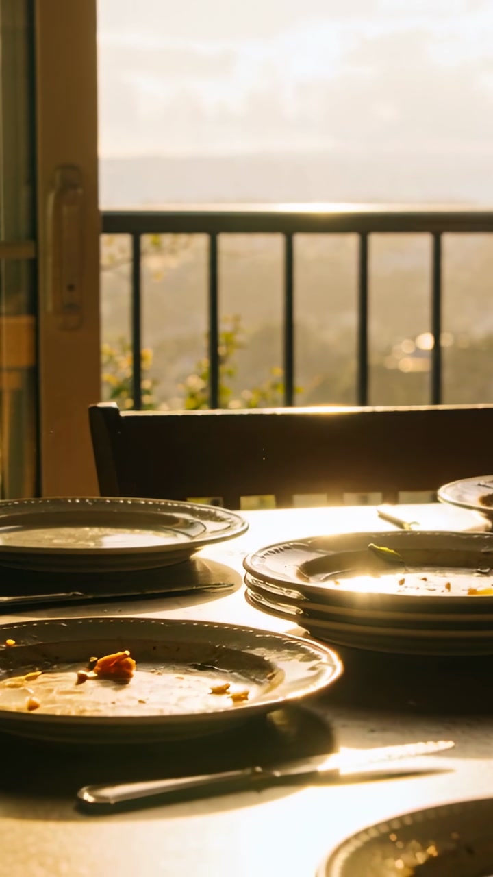 Vertical video: Backing camera showing plates, crumbs, knife on table by sea, postmeal calm