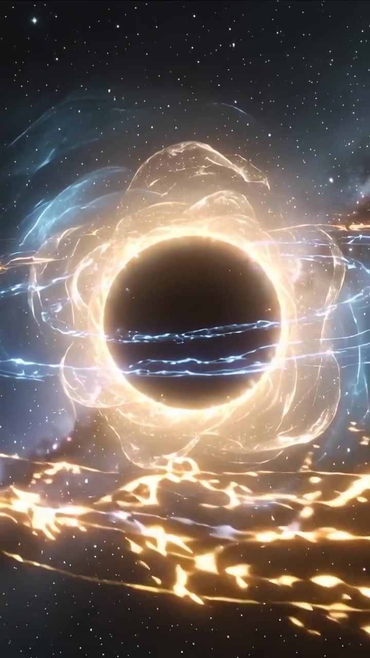 Vertical video: Brightening dark core emitting blue braided filaments and golden ribbons in space