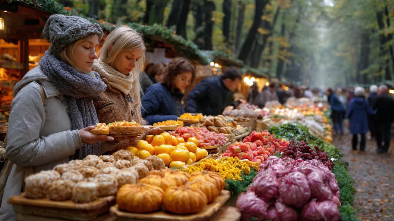Two women thoughtfully examining a vibrant assortment of fresh produce and baked goods at an outdoor market during a picturesque autumn day