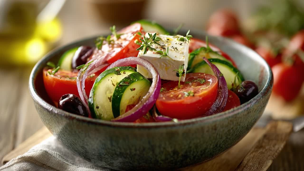 Fresh and Colorful Garden Salad with Tomatoes, Cucumbers, Onions, and Feta Cheese, Drizzled with Olive Oil and Topped with Fresh Herbs for a Deliciously Wholesome Meal