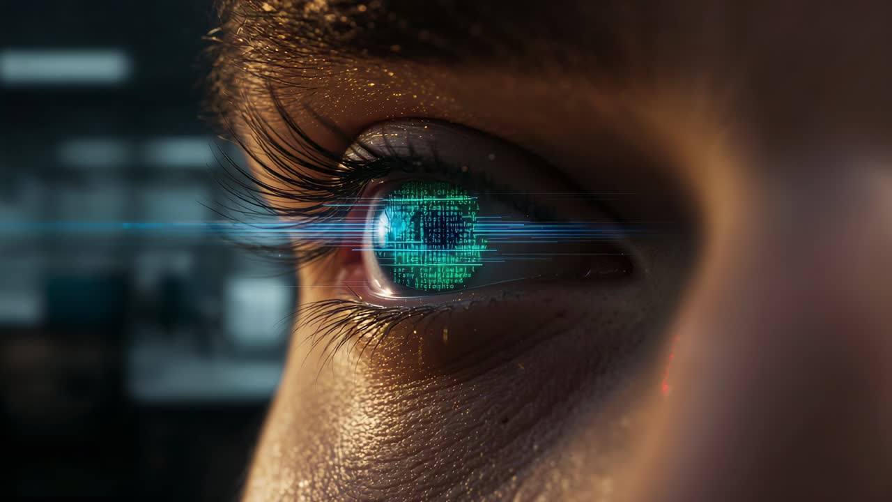 Scanning cyan band sweeping over woman eyelid lashes, starting eye opening, locking HUD ring in lab