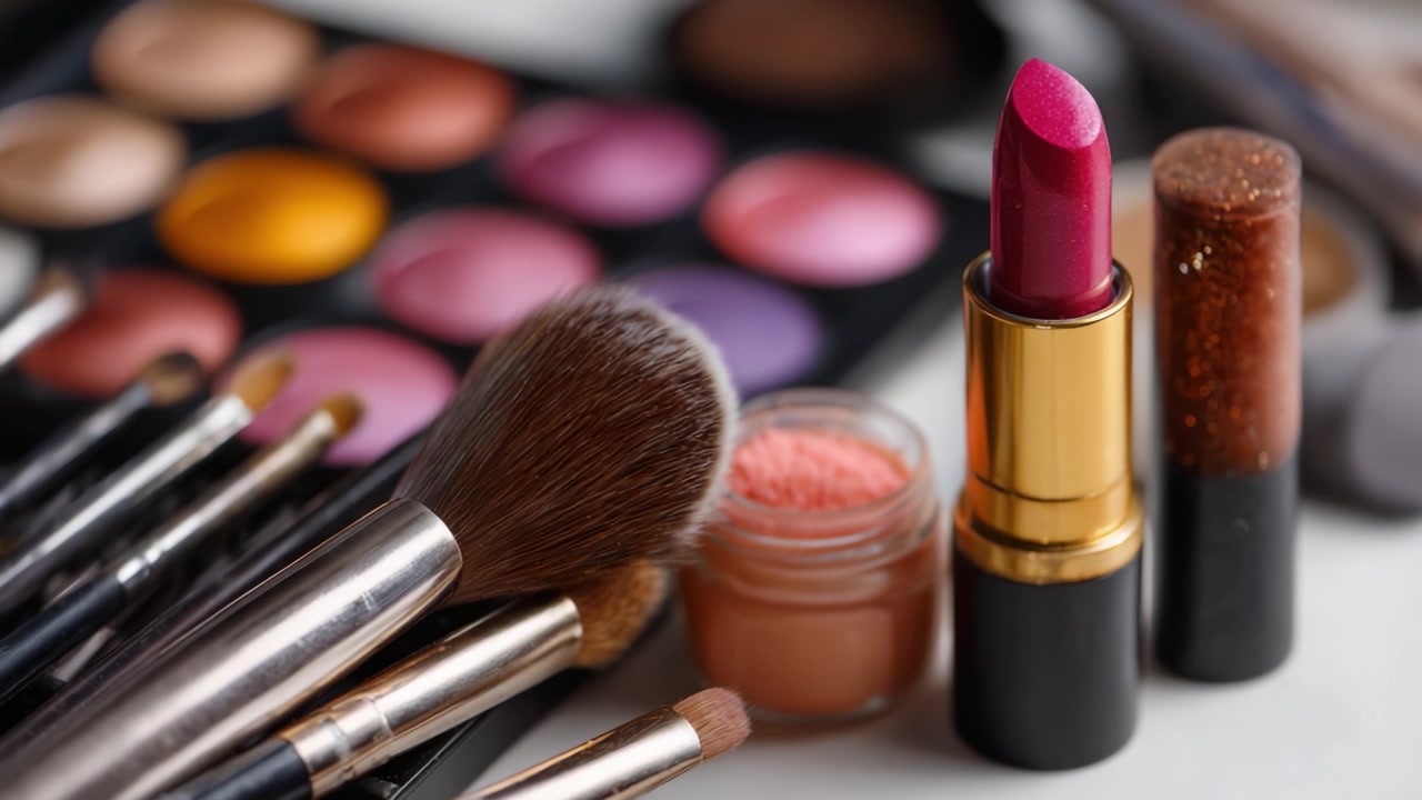 Vibrant Color Palette and Makeup Essentials on Display: A Close-Up of Brushes, Lipsticks, and Eyeshadows Capturing the Artistry of Beauty Application