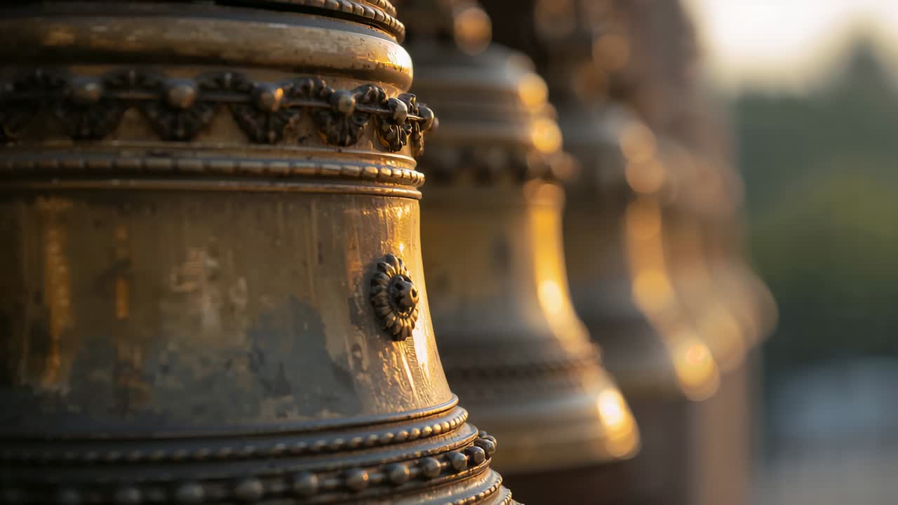 Spostamento della messa a fuoco, la camera rivela la campana di metallo decorata a sinistra, spostandosi sulla fila di campane della gronda del tempio