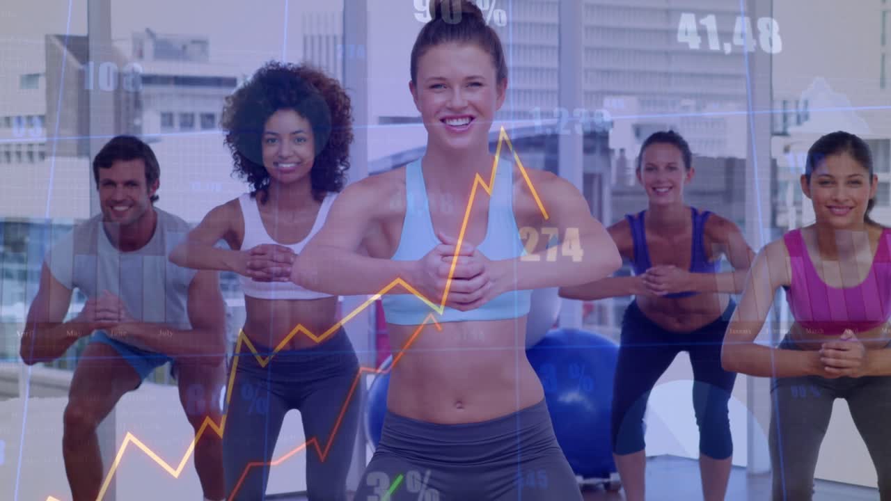Un allenatore inizia gli squat, guidando un gruppo su Bosu per il fitness, con grafici e percentuali che impennano mentre la telecamera si alza.