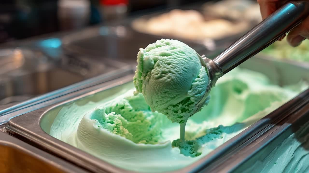 Delizioso gelato verde menta servito in una pallina.