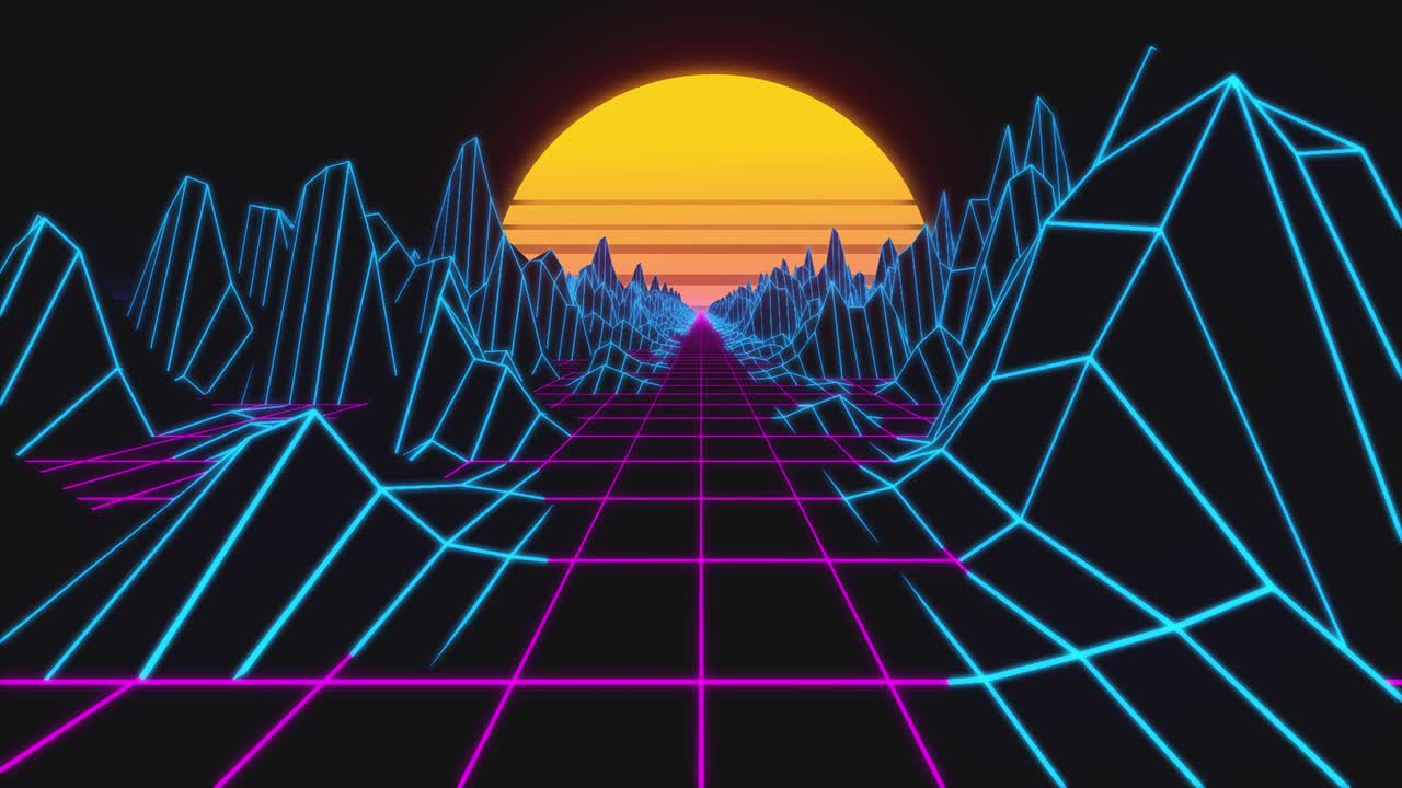 paisaje de horizonte de retroonda con luces de neón y terreno de bajo poli. animación de bucle de fondo retro de los años 80