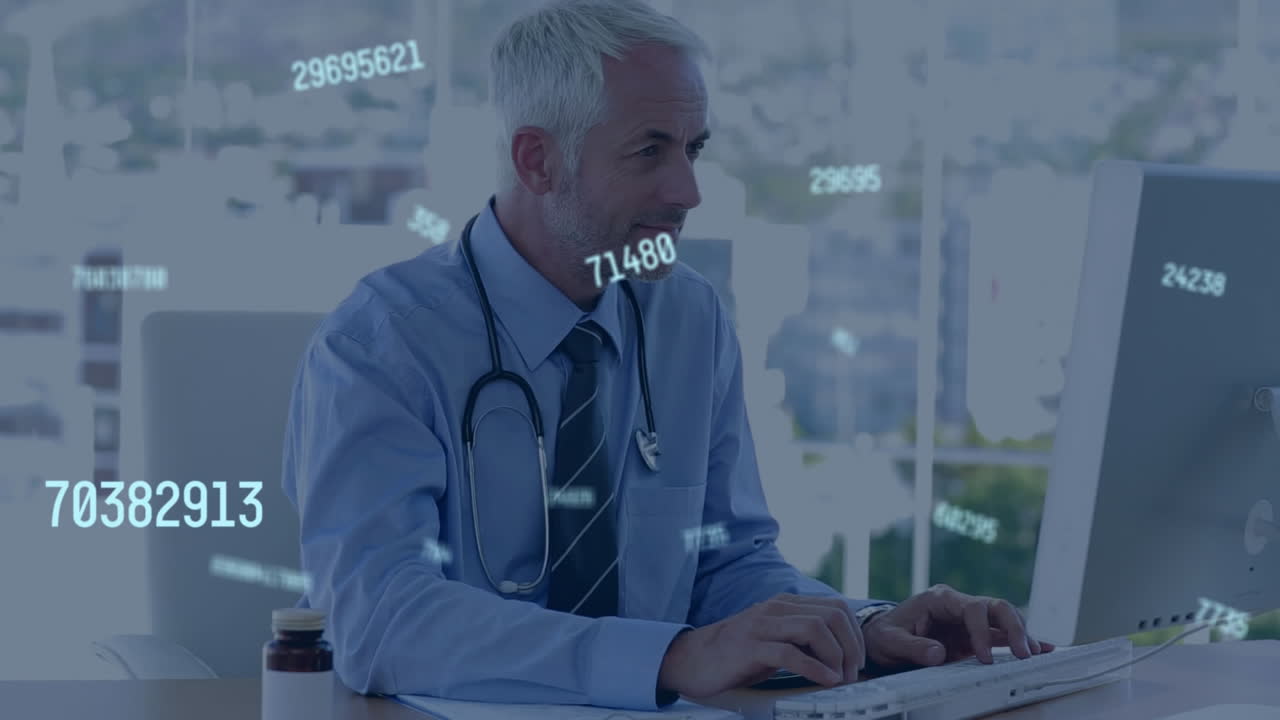 animación de números cambiantes flotantes sobre un médico caucásico usando una computadora