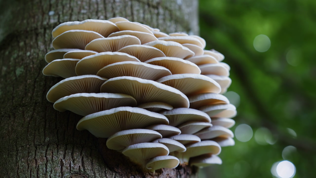 Oyster Mushroom Cluster On Tree Trunk, Layered Beige Caps And Delicate Gills In Shaded Green Forest, Closeup