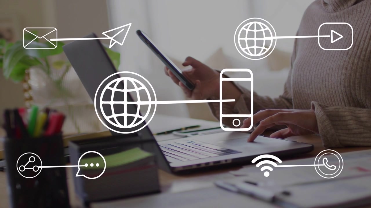 Woman tapping smartphone, typing laptop in tech hub, icons linking devices while managing messages