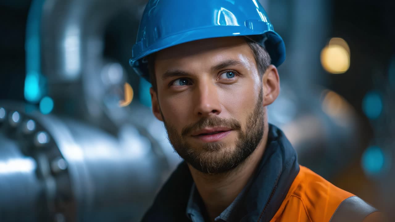 Lavoratore concentrato con cappello: un ritratto di concentrazione e determinazione in un contesto industriale, che mette in mostra sicurezza e professionalità