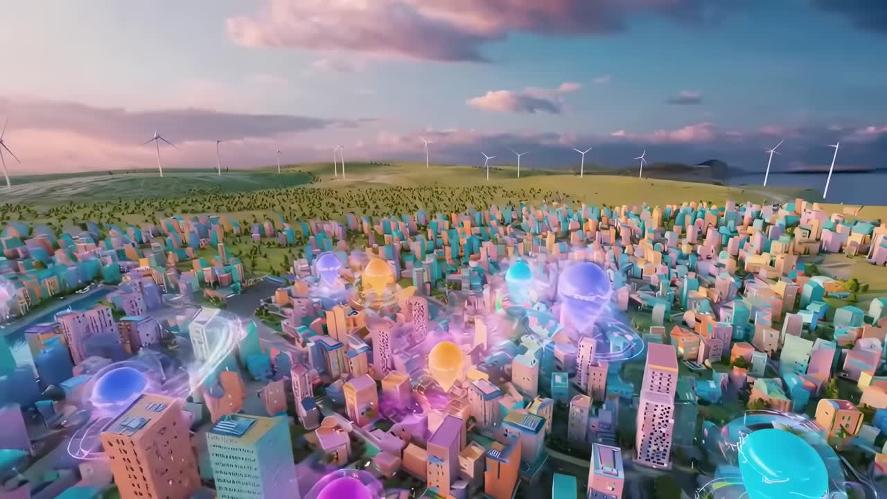 Aerial view of a colorful, futuristic cityscape with digital map pins, in a vibrant video style