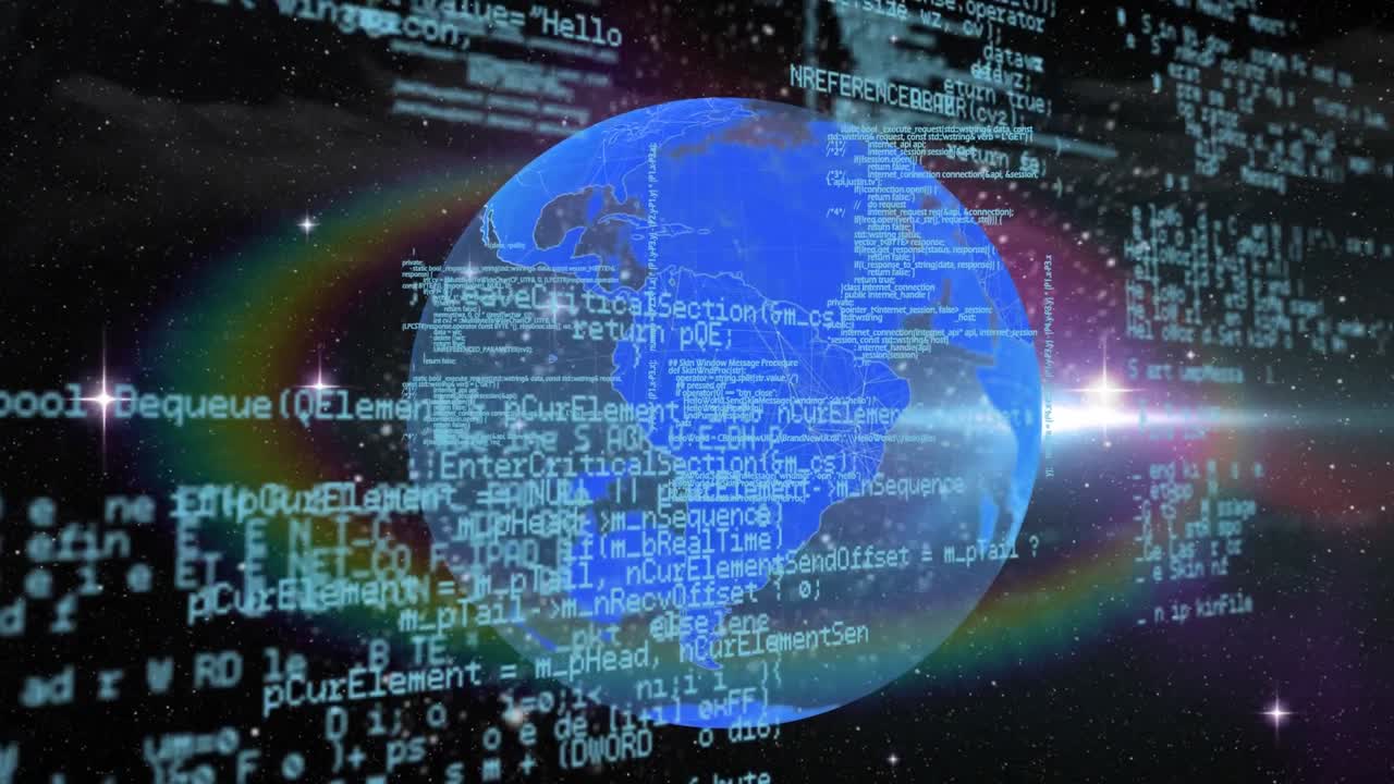 procesamiento de datos con globo azul girando sobre fondo negro y espacio