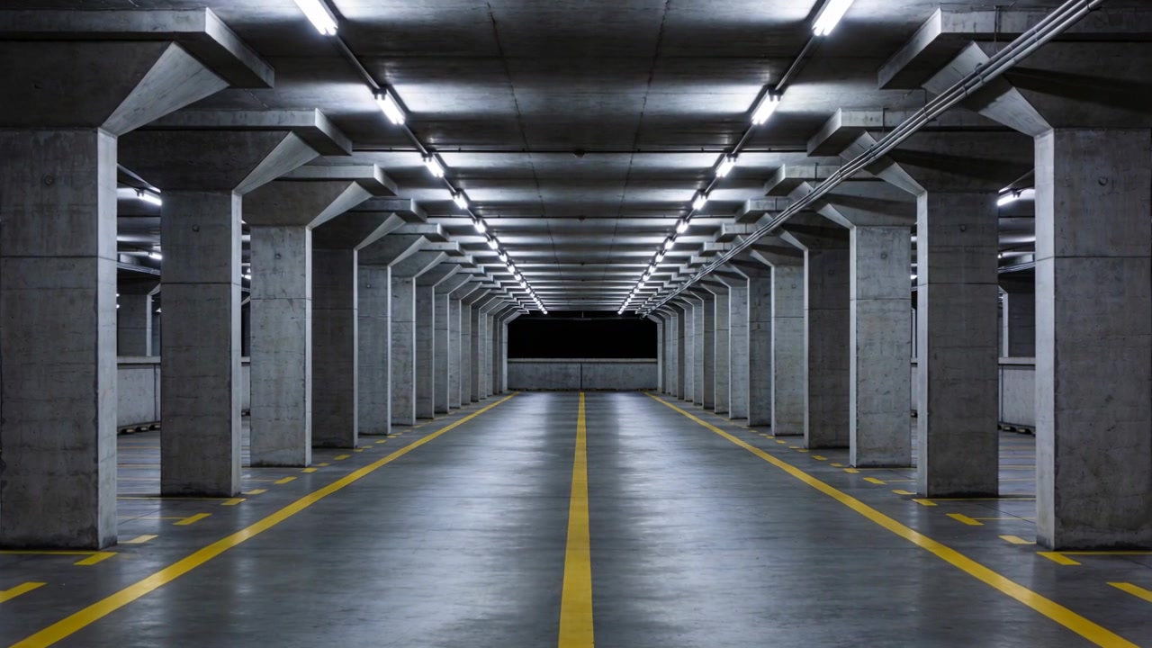 Telecamera che riprende una corsia vuota e centrata in un garage, con colonne e una linea gialla per la simmetria
