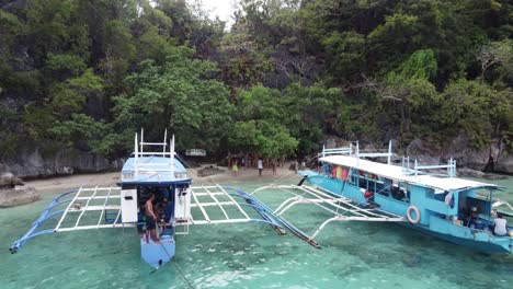tropical beach scene with boats and people