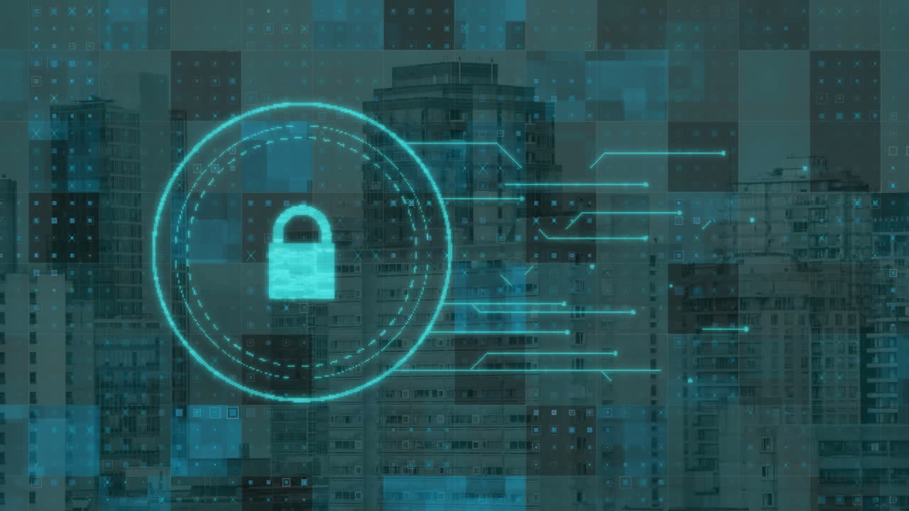 animación del icono digital del candado sobre el paisaje urbano
