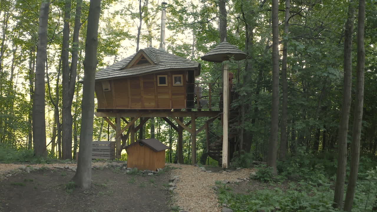 zoom de 4k de una mujer en bata de baño saliendo por la puerta de un lujoso alojamiento en una casa del árbol en los bosques de dolní morava, república checa