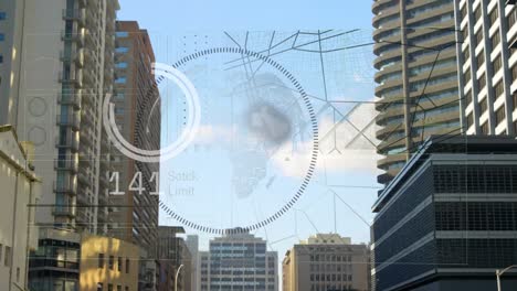 Animation-of-loading-circles-with-changing-numbers-and-globe-in-circle,-modern-buildings-against-sky