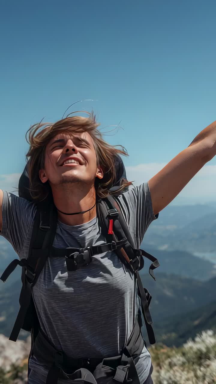 Vertical video: Reaching summit, hiker raising arms, breathing, wearing grey tee and backpack strap