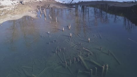 rotting remnant pilings of old pier in cold clear trout lake in spring