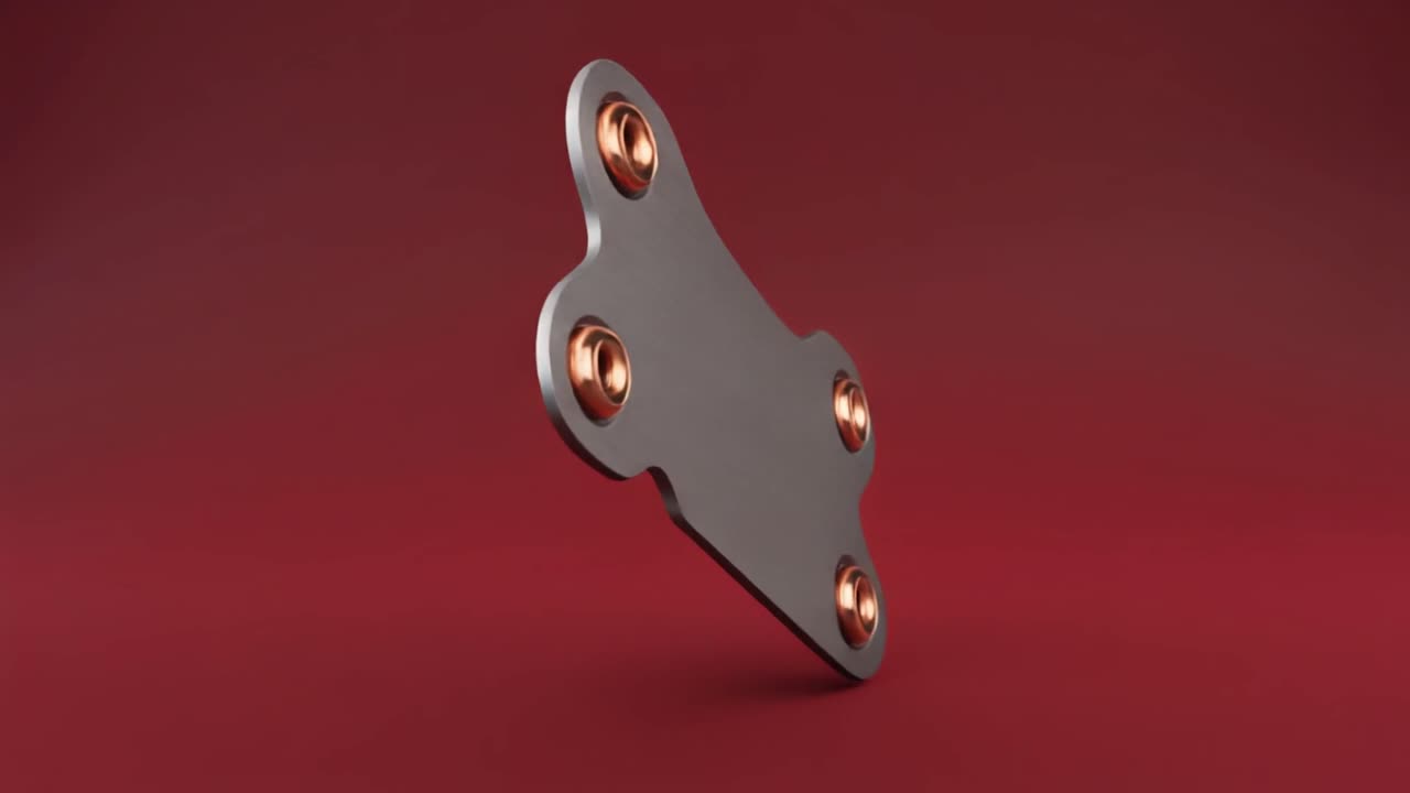 Oggetto metallico animato in 3D a forma di osso che ruota su sfondo rosso