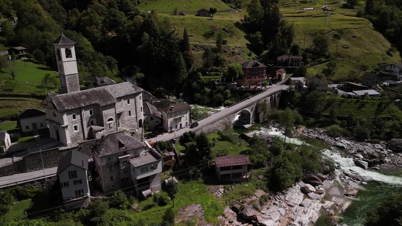 Verzasca River Lavertezzo scenic village Swiss Switzerland aerial drone