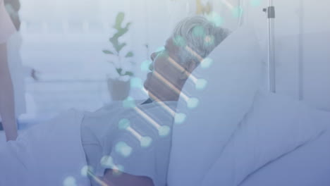 병원 침대에 누워있는 간호사와 함께 고령 미인 여성 환자에 대한 dna 줄무의 애니메이션