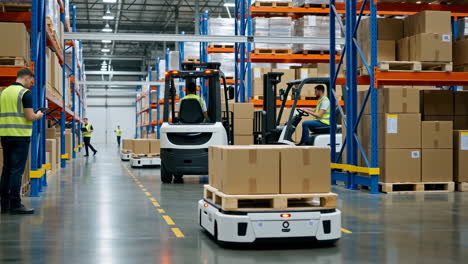 modern automated warehouse with workers, forklifts, and robots