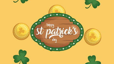 st patricks day animated card with wooden label and coins