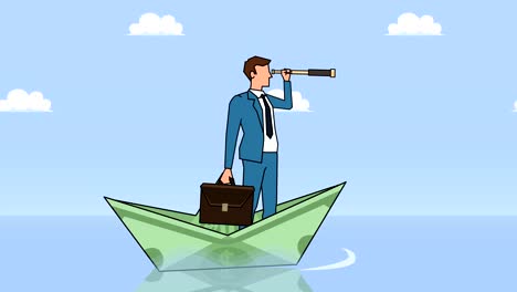 flat cartoon businessman character with case bag and looks through spyglass floating on dollar paper boat animation