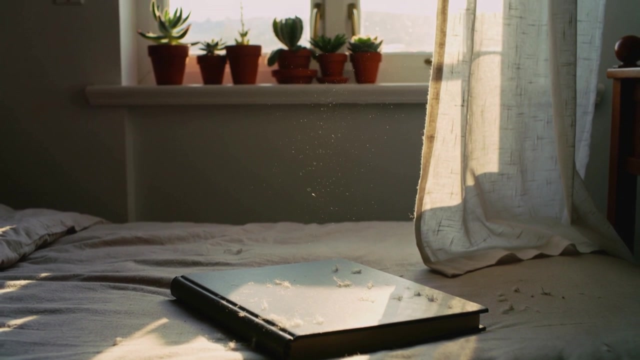 Pulling back camera as curtain billowing, showing windowsill pots and bed, sunbeam lighting book