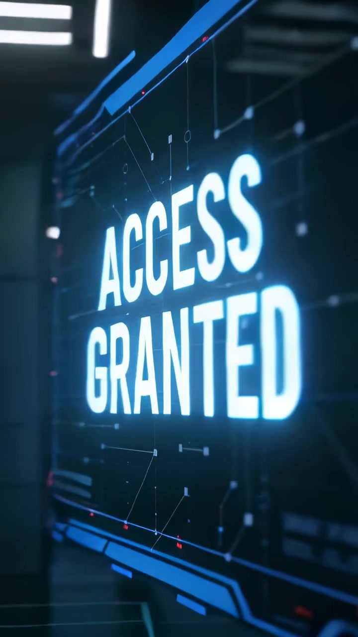 Vertical video: Showing ACCESS GRANTED text advancing on HUD on success, left iris panel revealing
