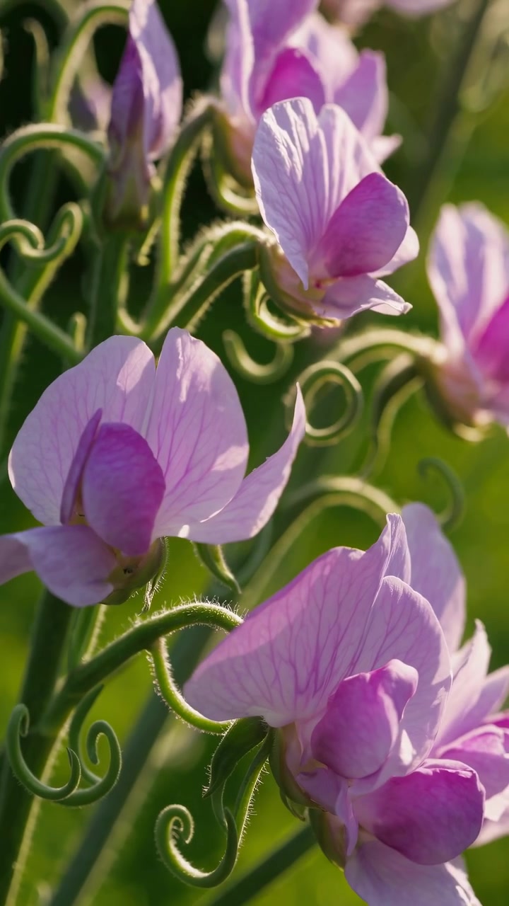 Primo piano di delicati fiori di pisello odoroso rosa alla luce del sole