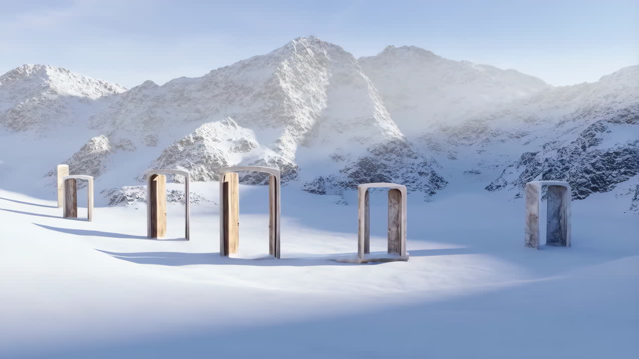 Surreal Open Doors in a Snowy Mountain Landscape