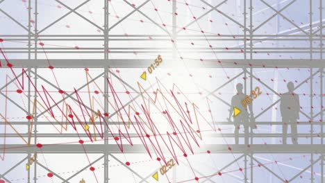 animation of financial data processing over office building