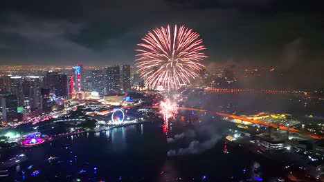 multicolored fireworks shimmer high above a glowing metropolis, recorded from a drone soaring through the smoky night air