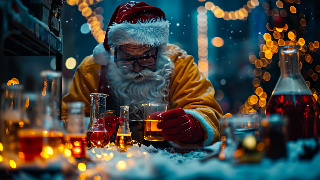 Santa mixes drinks in a festive setting. Santa Claus prepares colorful beverages amidst twinkling lights and snow, creating a joyful holiday atmosphere
