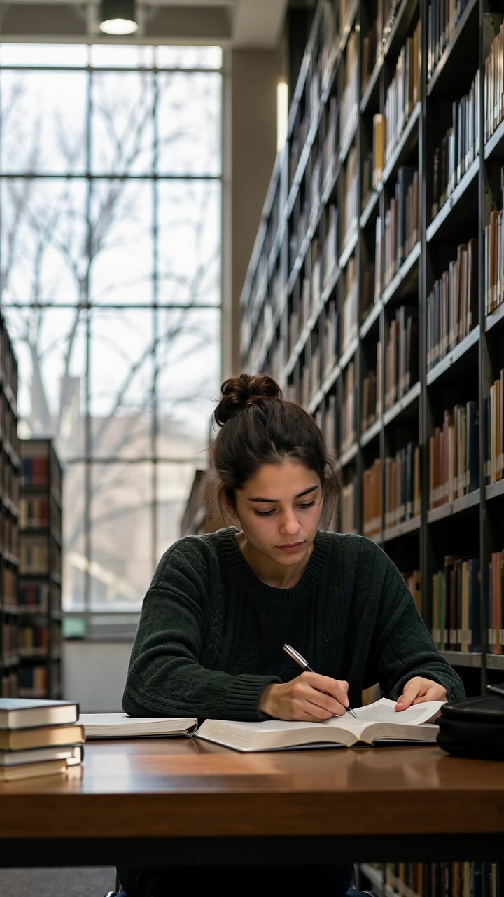 Fokusert ung kvinne skriver i en notatbok ved et bibliotekbord omringet av bøker