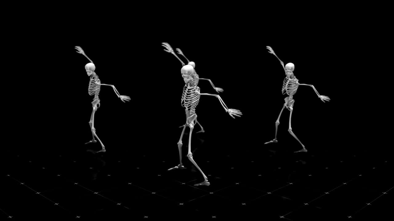 고립된 검은색 배경에 반사 바닥, 원활한 루프 애니메이션을 가진 골격 춤