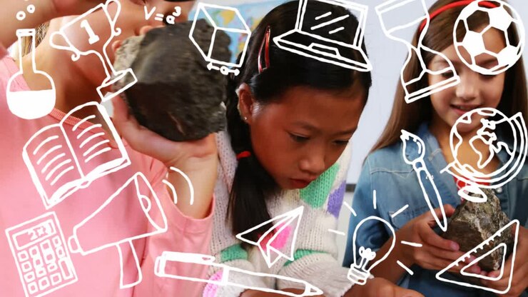 Animation of school icons over diverse schoolchildren