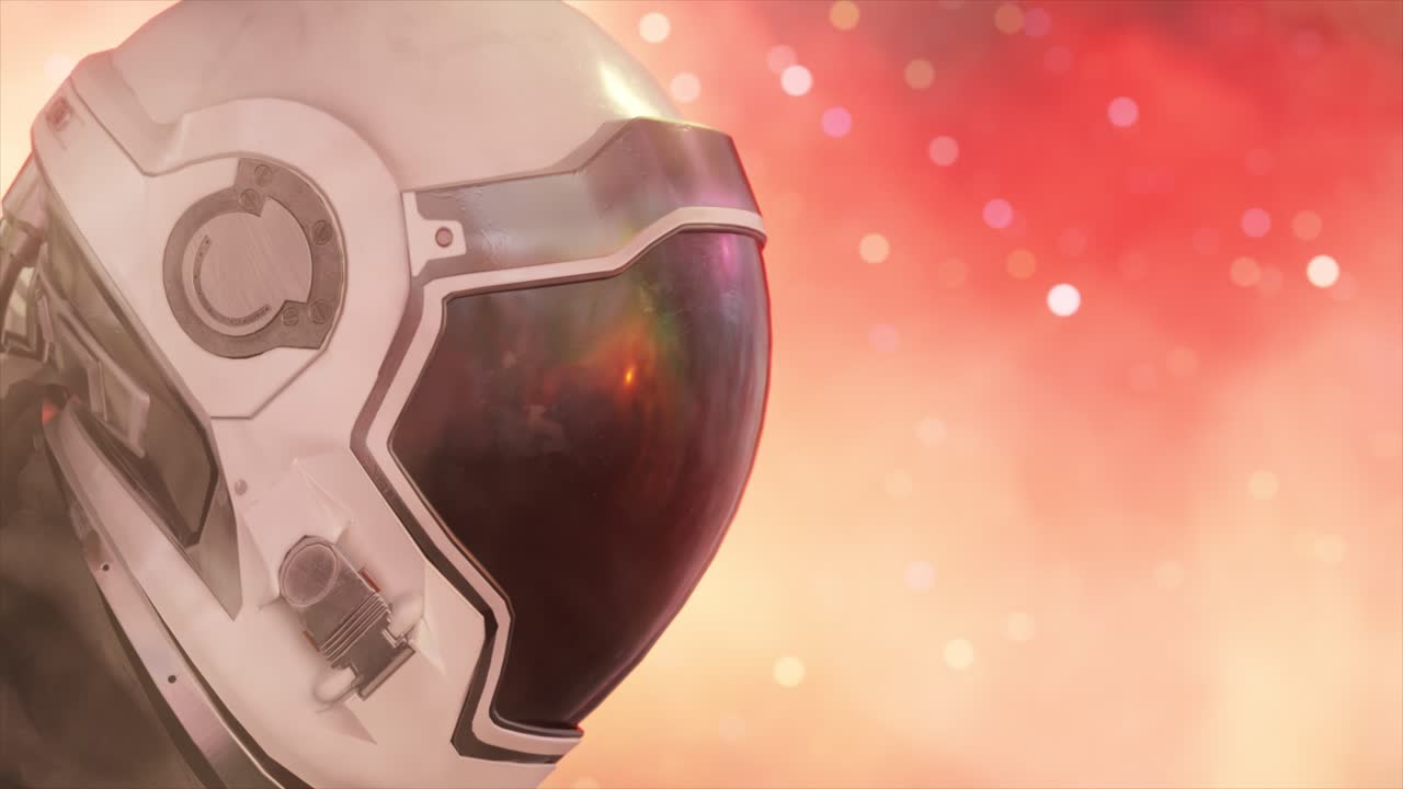 primer plano del casco del traje espacial futurista contra un fondo de nebulosa