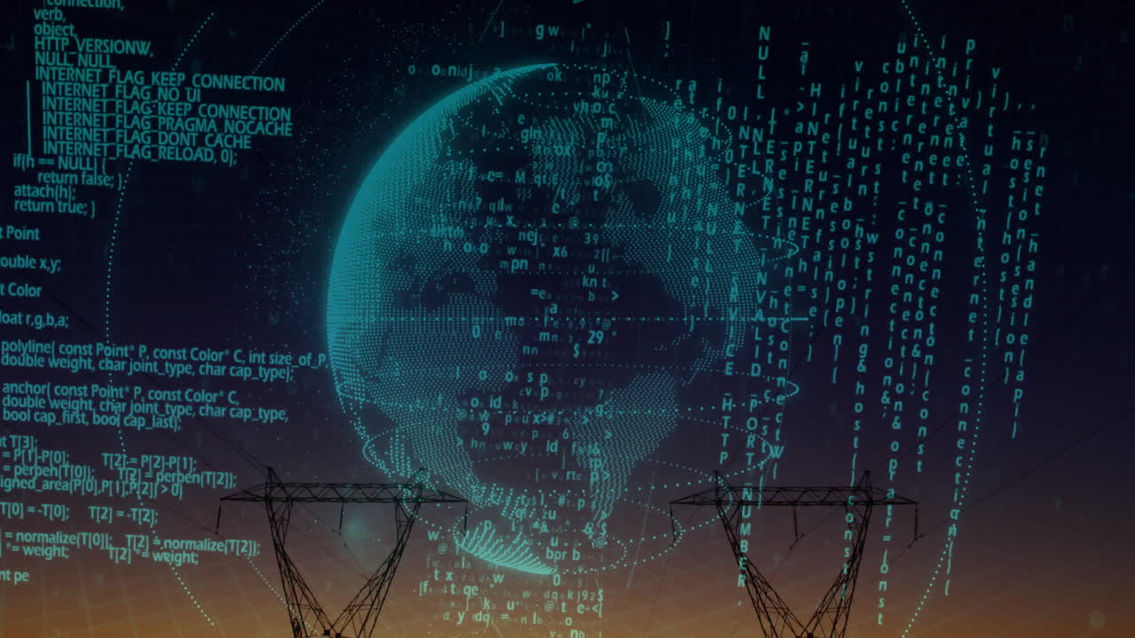 Floating holographic digital globe streaming code text at dusk, showing silhouetted power pylons