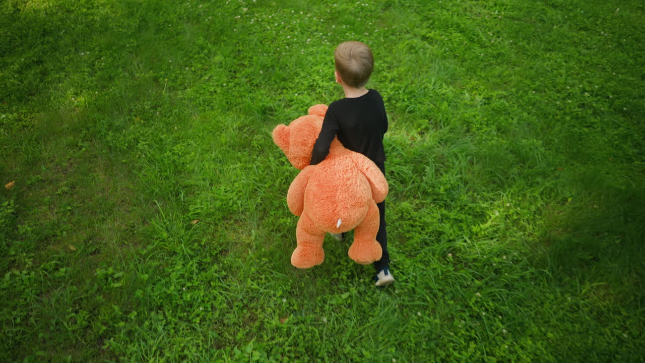 Overhead back view of young boy in black outfit carrying large orange teddy bear while walking slowly across bright grassy field, with visible shadows from sunlight and expression of tiredness