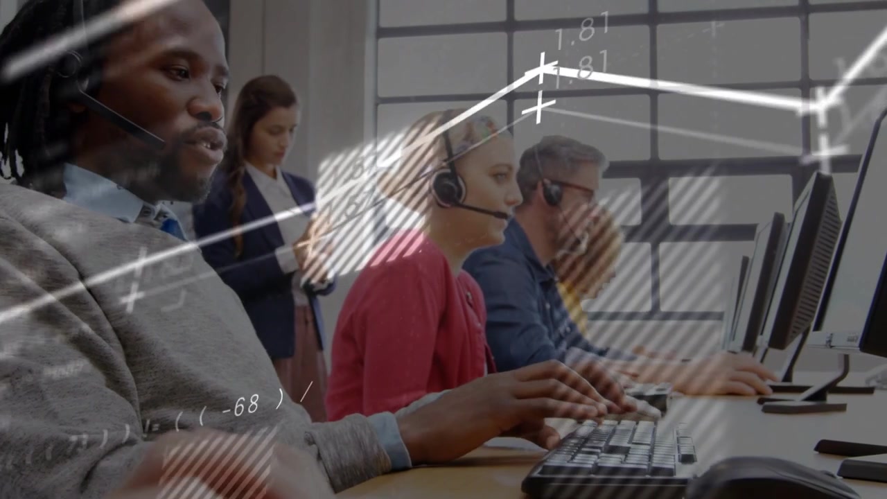 Call-center agents typing at keys while colleague checking device initiating chart lines for KPIs