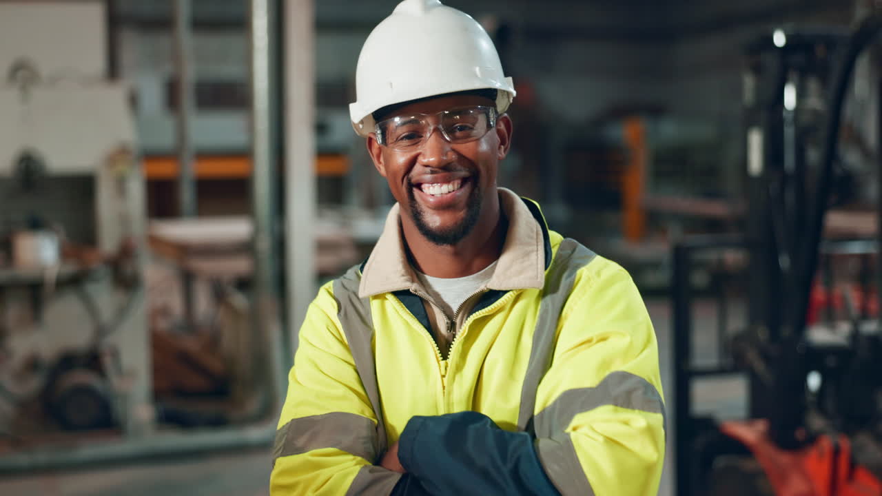 Construction worker smiling in warehouse