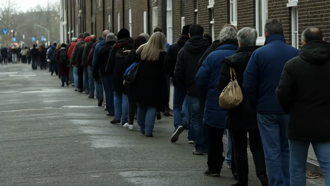 Long line of people queuing on a city street