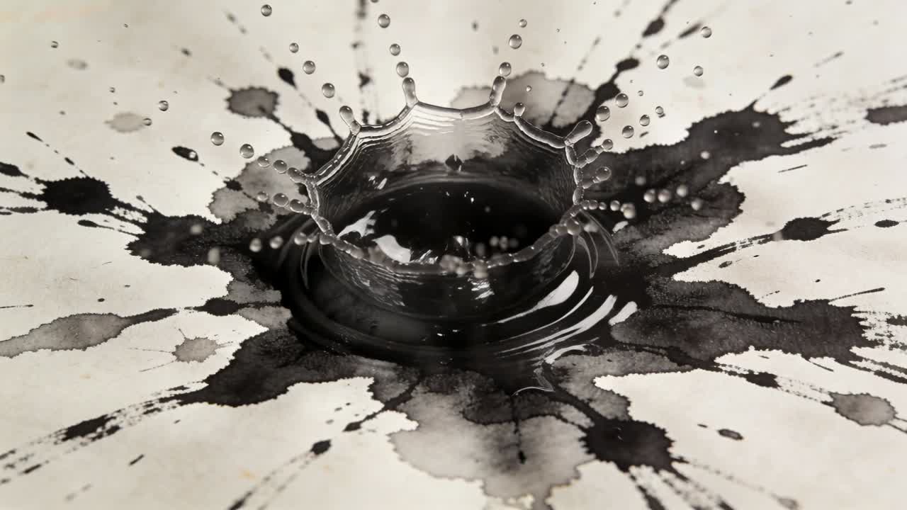 Falling dark droplet forming liquid crown on white paper, with radial black ink splatters